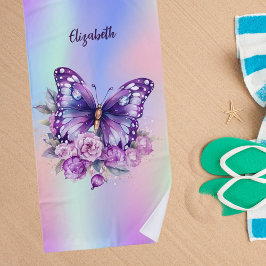 蝶ピンク紫色の花ホログラフィック ビーチタオル