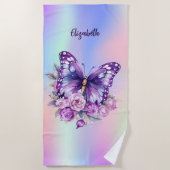蝶ピンク紫色の花ホログラフィック ビーチタオル (正面)