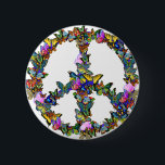 蝶ピースマーク 缶バッジ<br><div class="desc">蝶の多彩な虹は平和および反戦の実行主義のクラシックな記号の形を形作ります。 ピースサインのこの敏感な描写を含む非暴力の穏やかなメッセージを広げて下さい。</div>