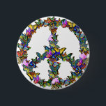 蝶ピースマーク 缶バッジ<br><div class="desc">蝶の多彩な虹は平和および反戦の実行主義のクラシックな記号の形を形作ります。 ピースサインのこの敏感な描写を含む非暴力の穏やかなメッセージを広げて下さい。</div>