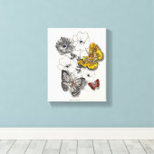 蝶フラワーレッド金ゴールドグレーミニマルスタイル キャンバスプリント (インサイチュ (ウッドフロア))