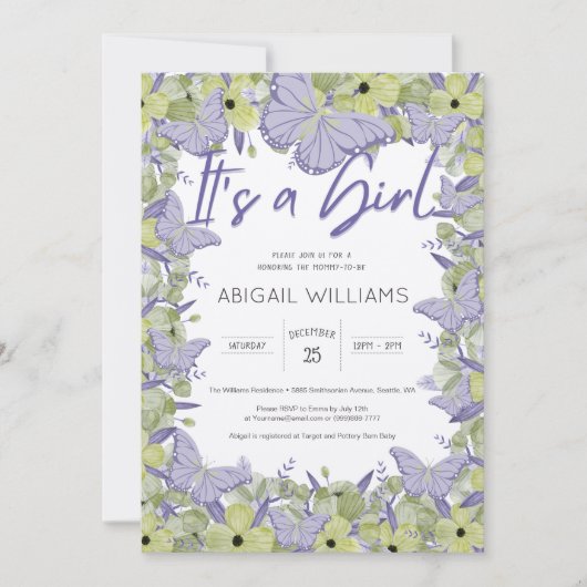 蝶フランスのと花かわいい女の子の赤ちゃんシャワー 招待状 (正面)