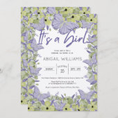 蝶フランスのと花かわいい女の子の赤ちゃんシャワー 招待状 (正面/裏面)