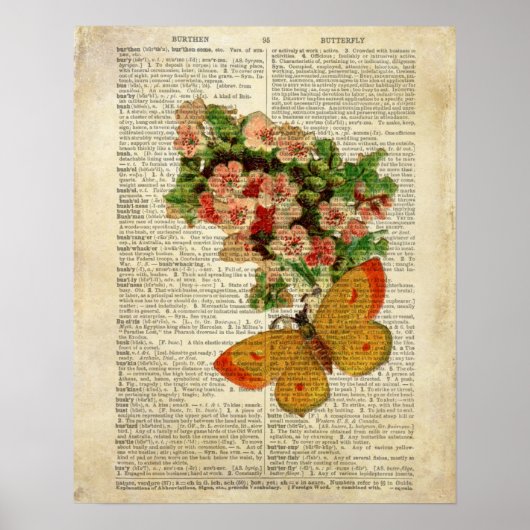 蝶フローラアートヴィンテージ辞書ページ ポスター (正面)