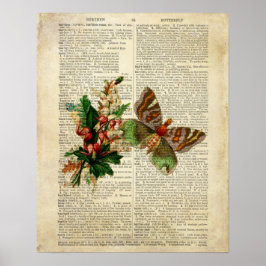 蝶フローラアートヴィンテージ辞書ページ ポスター