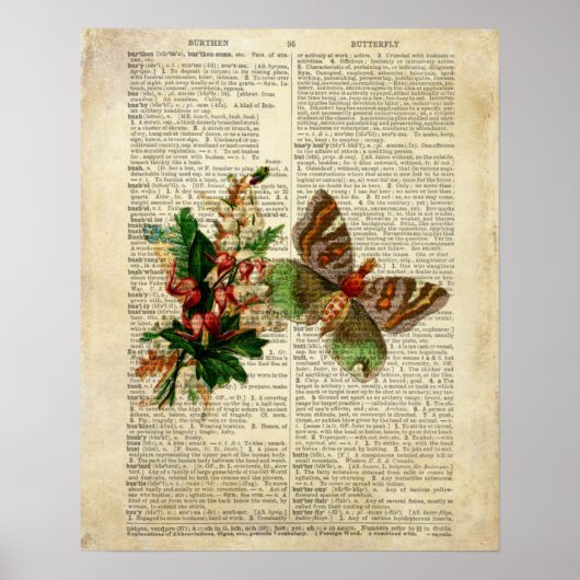 蝶フローラアートヴィンテージ辞書ページ ポスター (正面)