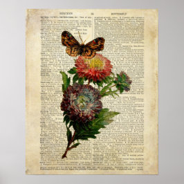 蝶フローラアートヴィンテージ辞書ページ ポスター