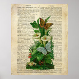 蝶フローラアートヴィンテージ辞書ページ ポスター