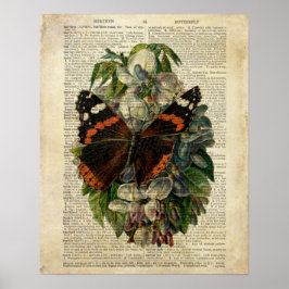 蝶フローラアートヴィンテージ辞書ページ ポスター