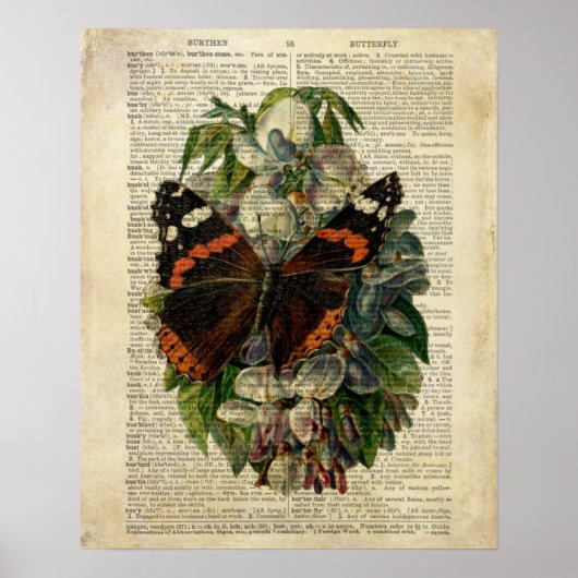 蝶フローラアートヴィンテージ辞書ページ ポスター (正面)