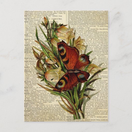 蝶フローラアートヴィンテージ辞書ページ ポストカード (正面)