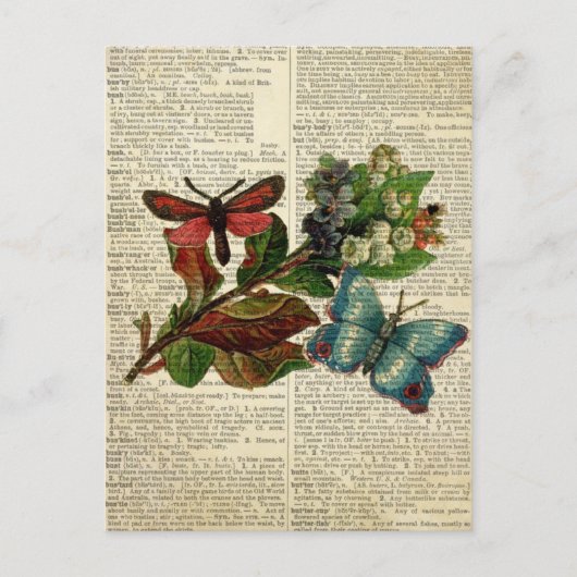 蝶フローラアートヴィンテージ辞書ページ ポストカード (正面)