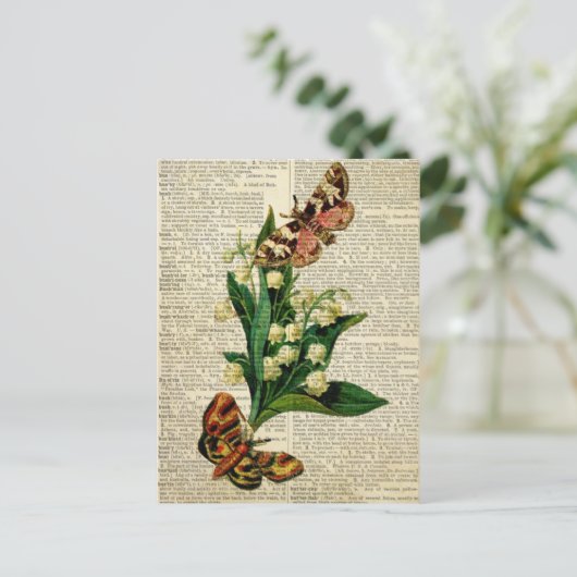 蝶フローラアートヴィンテージ辞書ページ ポストカード (スタンド正面)