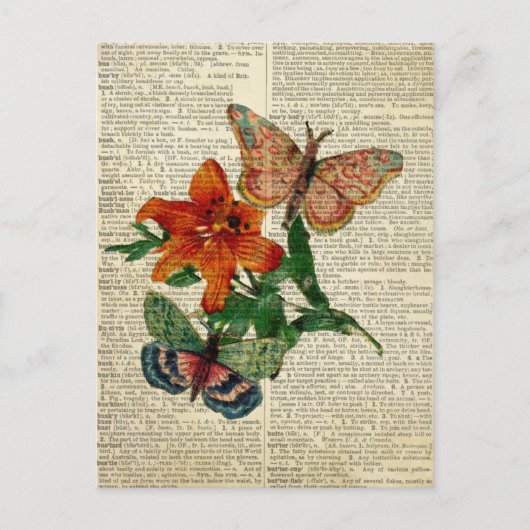 蝶フローラアートヴィンテージ辞書ページ ポストカード (正面)