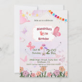 蝶フローラピンクと白かわいい6歳の誕生日 招待状 (正面)