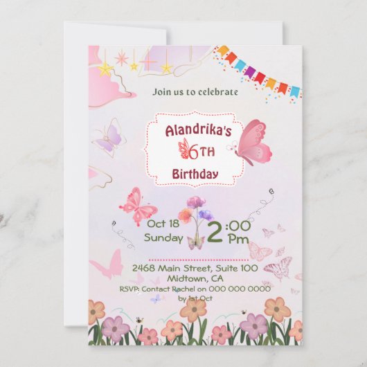 蝶フローラピンクと白かわいい6歳の誕生日 招待状 (正面)