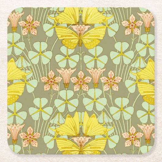 蝶フローラ植物学カラフル スクエアペーパーコースター (正面)