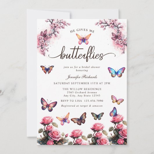 蝶フローラ |水彩ブライダルシャワー 招待状 (正面)