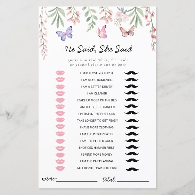 蝶ブライダルシャワーゲーム彼は彼女が言った (正面)
