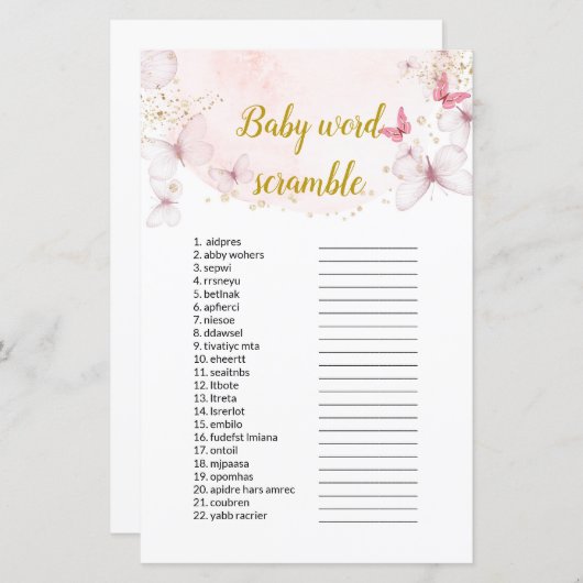 蝶ベビー単語スクランブルベビーシャワーゲーム (正面/裏面)