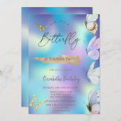 蝶ホログラフィカラフルック誕生日 招待状 (正面/裏面)