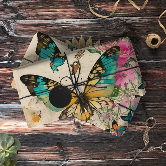 蝶ミックスメディアコラージュエフェメラデクページ 薄葉紙