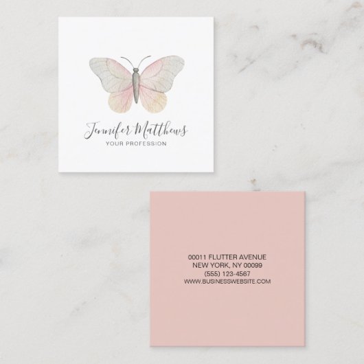 蝶ミニマル赤面ピンク水色 スクエア名刺 (正面/裏面)