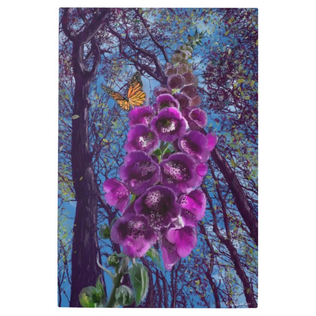 蝶モダンと森の中の紫色の花形手袋 メタルプリント (正面)