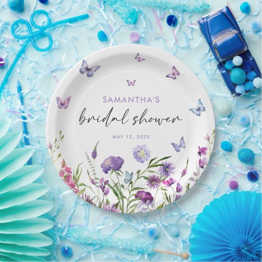 蝶モダンフローラパープルブライダルシャワー ペーパープレート (パーティー)