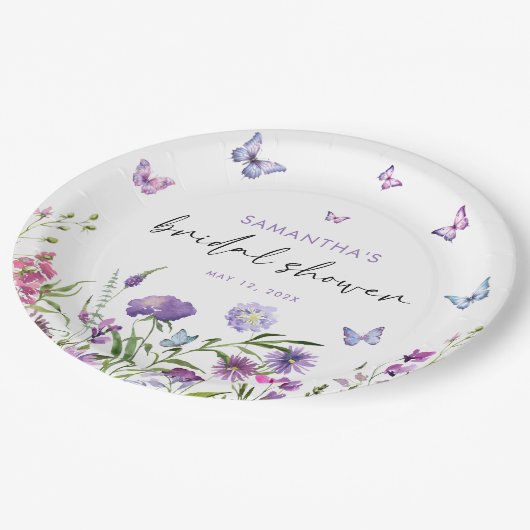 蝶モダンフローラパープルブライダルシャワー ペーパープレート (アングル)