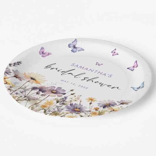 蝶モダンフローラパープルブライダルシャワー ペーパープレート (アングル)