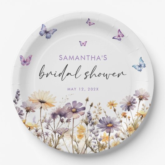 蝶モダンフローラパープルブライダルシャワー ペーパープレート (正面)
