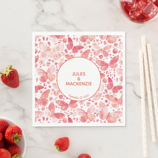 蝶モダン水色コーラルピンク スタンダードランチョンナプキン (インサイチュ)