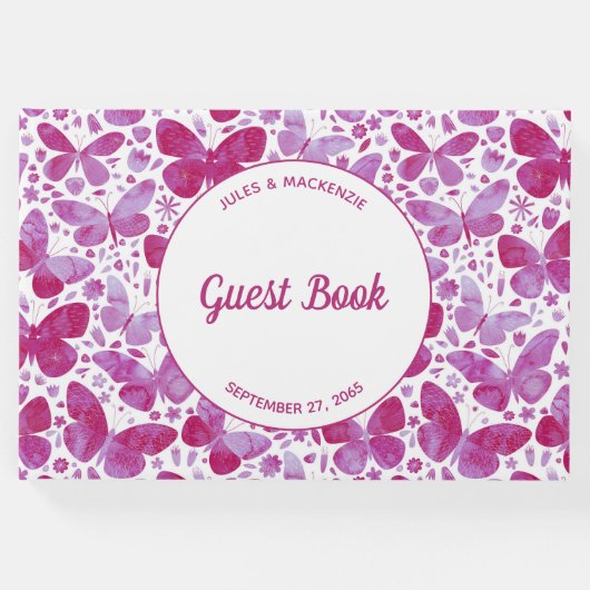 蝶モダン水色マゼンタピンク ゲストブック (正面)