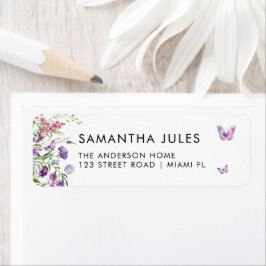 蝶モダン紫フローラ差出人住所 ラベル