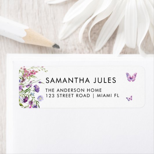 蝶モダン紫フローラ差出人住所 ラベル (インサイチュ)