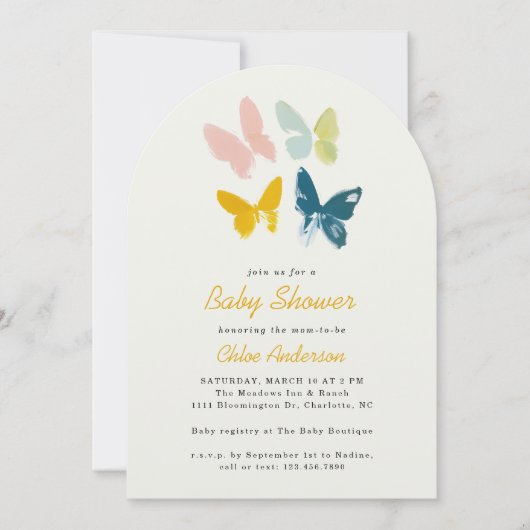 蝶モダン赤男女兼用ちゃんシャワー 招待状 (正面)