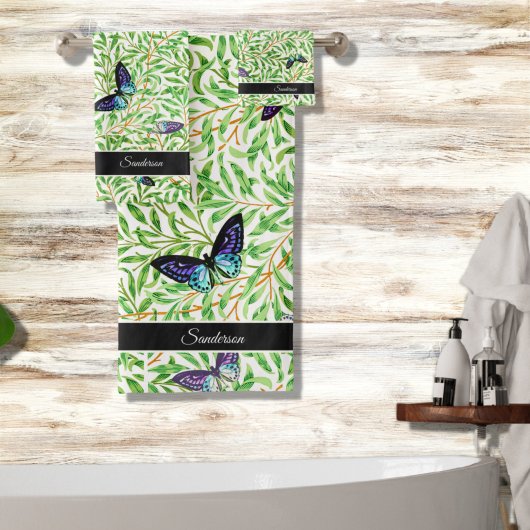 蝶モダン青スタイリッシュモノグラム バスタオルセット