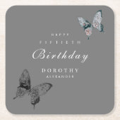 蝶モダンANYマイルストーンアダルト誕生日 スクエアペーパーコースター (正面)