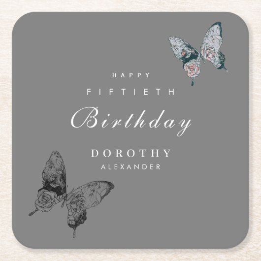 蝶モダンANYマイルストーンアダルト誕生日 スクエアペーパーコースター (正面)