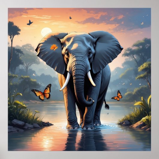 蝶ユニークの川に沈む夕暮れ象 ポスター (正面)