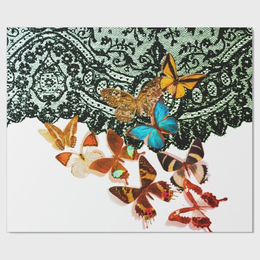 蝶ラッピング紙付き黒レース模様 ラッピングペーパー (フラット)