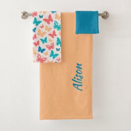 蝶人気がある柄ベージュピンクターコイズ バスタオルセット