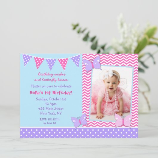 蝶写真の誕生日の招待状 招待状 (スタンド正面)