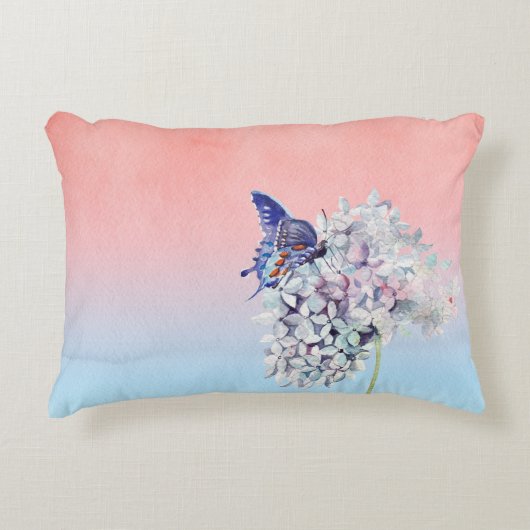 蝶及びアジサイの花の水彩画 アクセントクッション (正面)