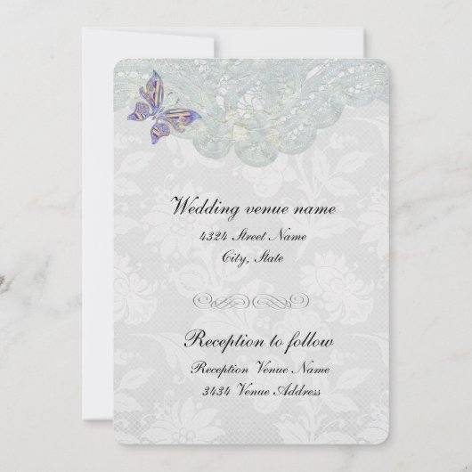 蝶及びレースの結婚式招待状(両側) 招待状 (裏面)