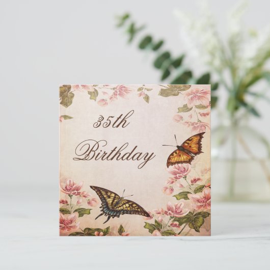 蝶及びヴィンテージのアーモンドの花の第35誕生日 招待状 (スタンド正面)