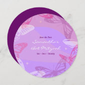 蝶及び星の円形のバルミツワーの招待状 セーブザデート (正面/裏面)