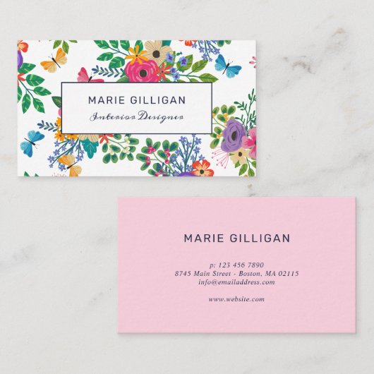 蝶及び花の鮮やかな花パターン 名刺 (正面/裏面)
