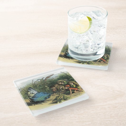 蝶小妖精や小人アートワークかわいい小人蝶 ガラスコースター (アングル)